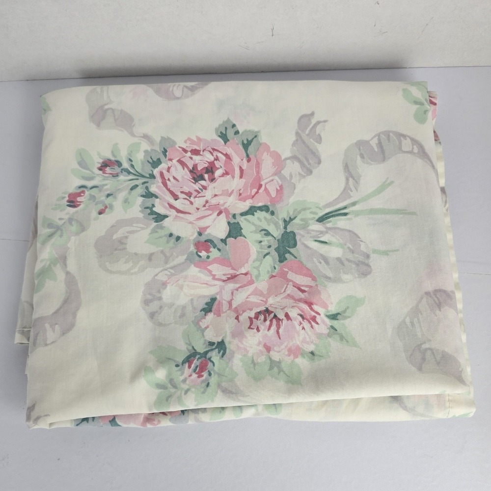 Vintage Full Double Flat Sheet Cream Pink Floral Roses Cottagecore Shabby Chic
